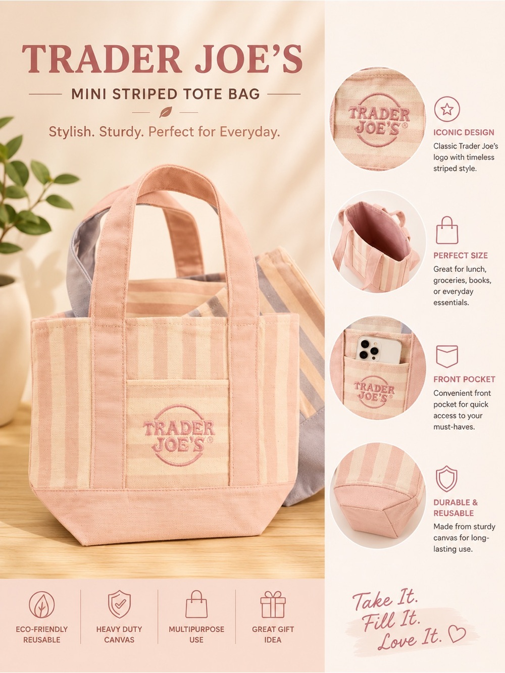 Trader‎ Joe's Pink Striped Mini Tote Bag